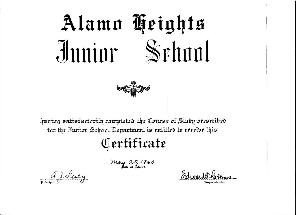 Dianne Huffs Jr High Certificate
